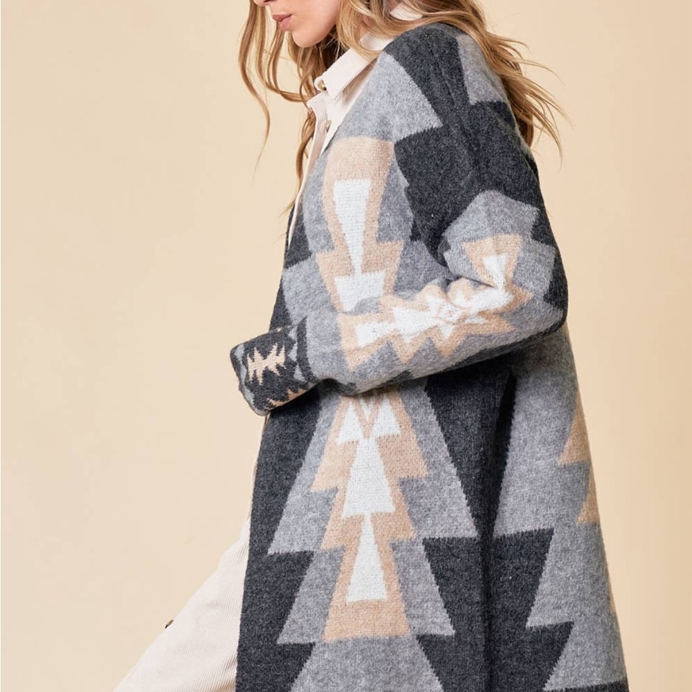 New Aztec Western Print Grey Long Cardigan Sweater Coat Western Cowichan